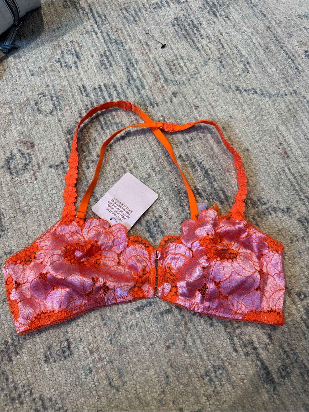 Savage X Fenty NWT Pink Satin Floral Lace Bralette with Orange Trim